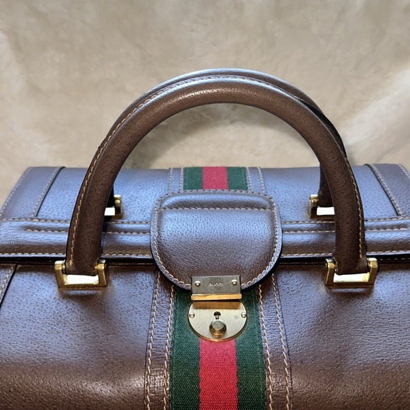 GUCCI Brown Gucci web Train case Authentic Rare Vintage w/ keys Clean Pristine - Picture 2 of 13